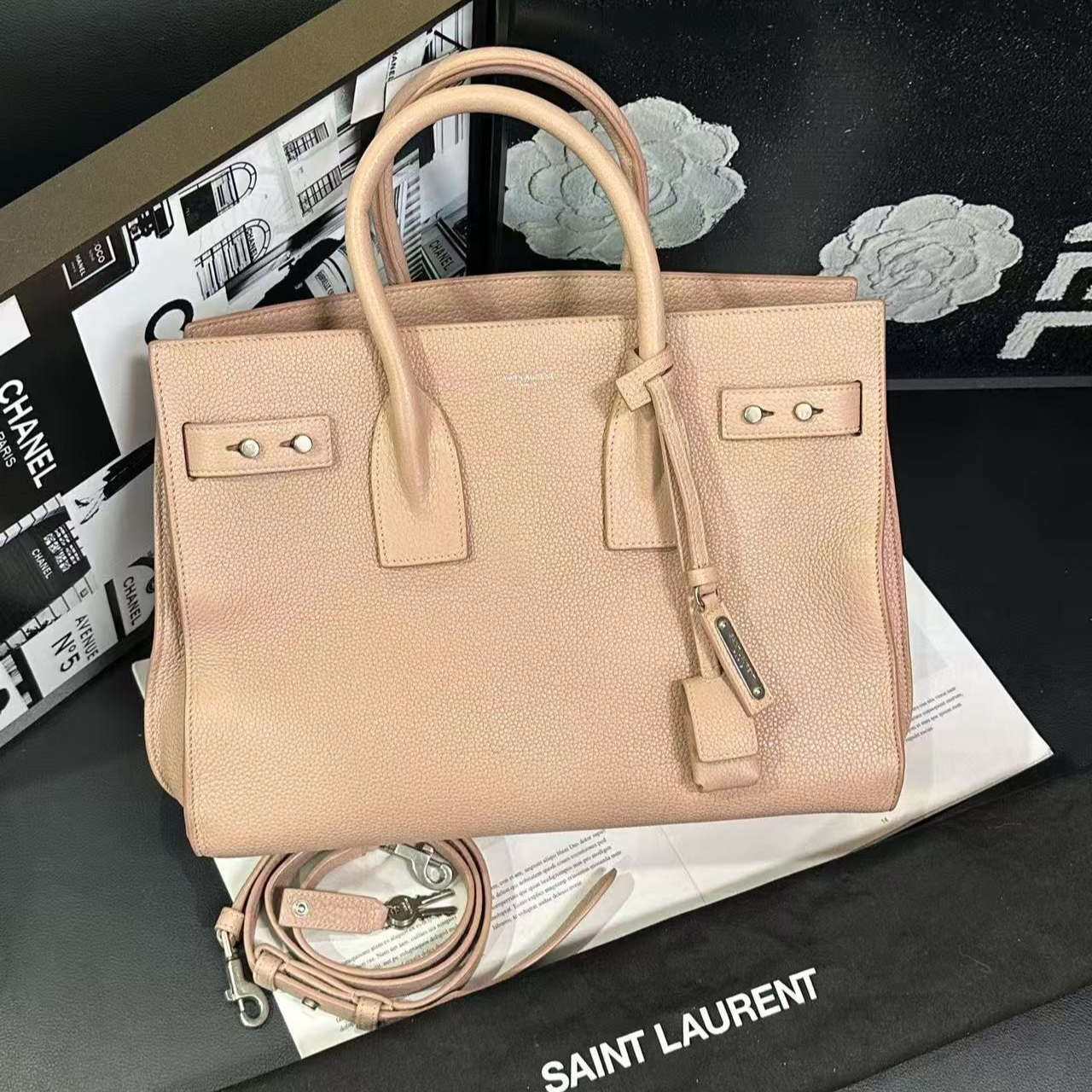 95新 YSL/圣罗兰 藕粉银扣sac de jour风琴手提B2629#