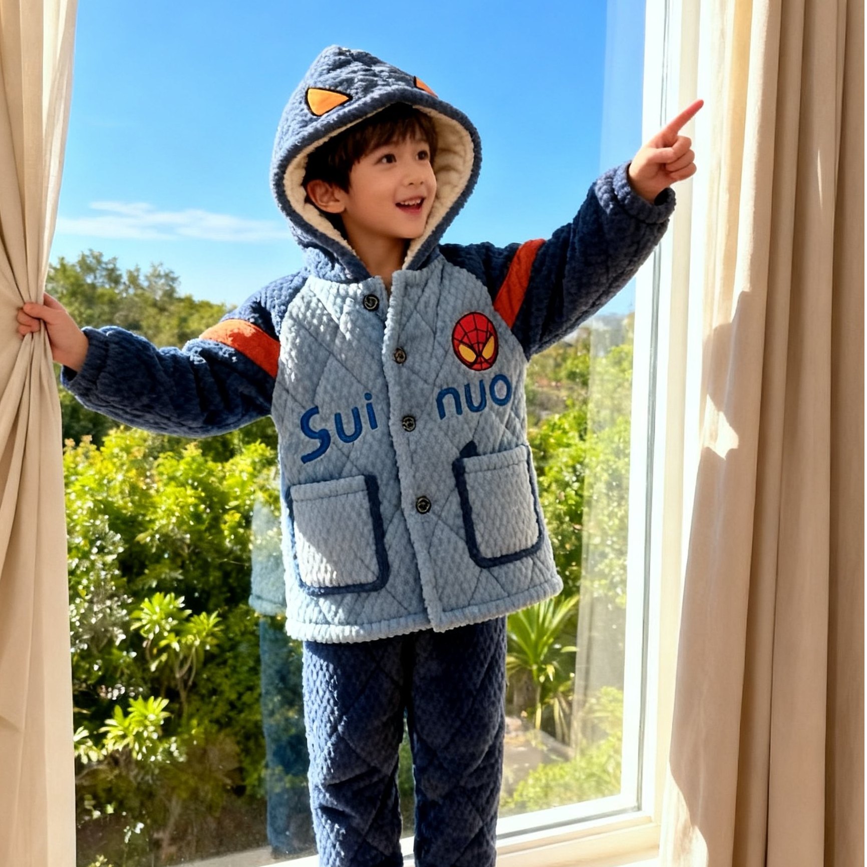 1205  冬季新款胸前足球背后蜘蛛侠三层加棉加厚家居服套装