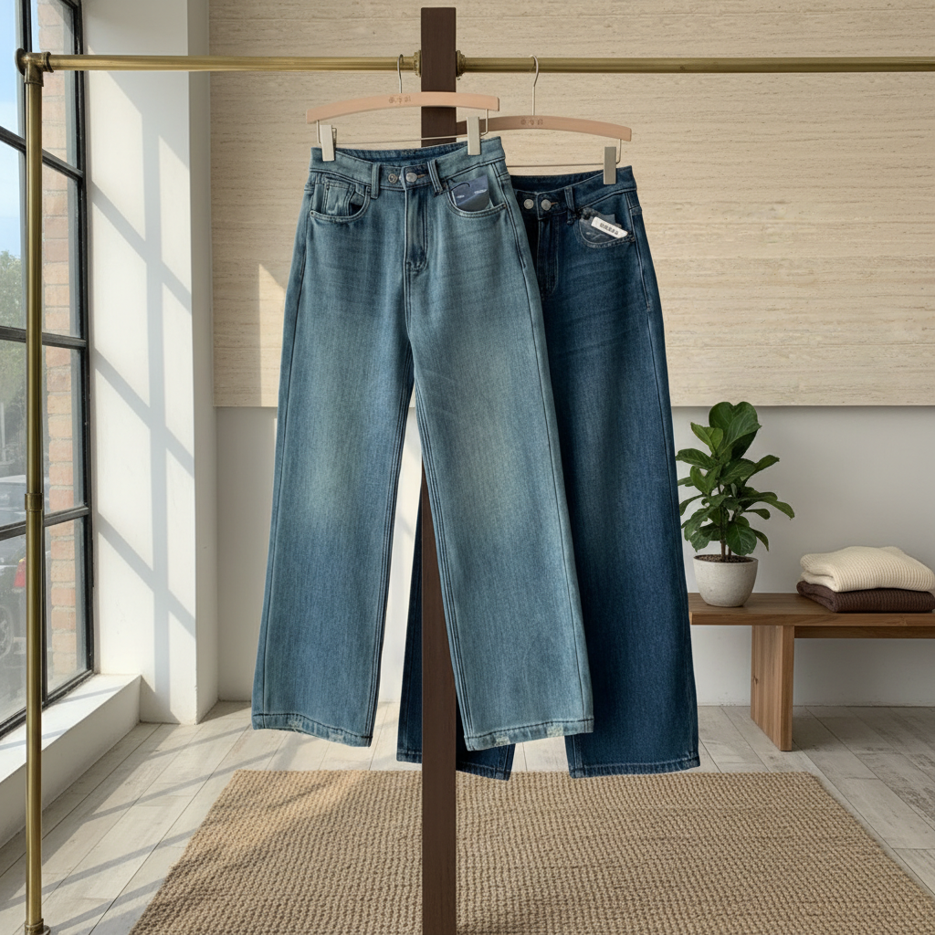 冬季奥利绒直筒牛仔裤女百搭显瘦高腰垂感阔腿裤小个版or常规版