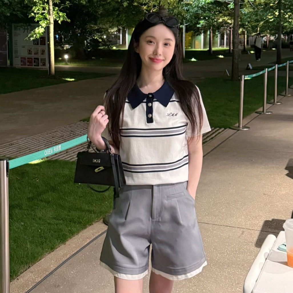 【高知学姐】条纹撞色韩系老钱风MIU系学院通勤简约POLO衫1