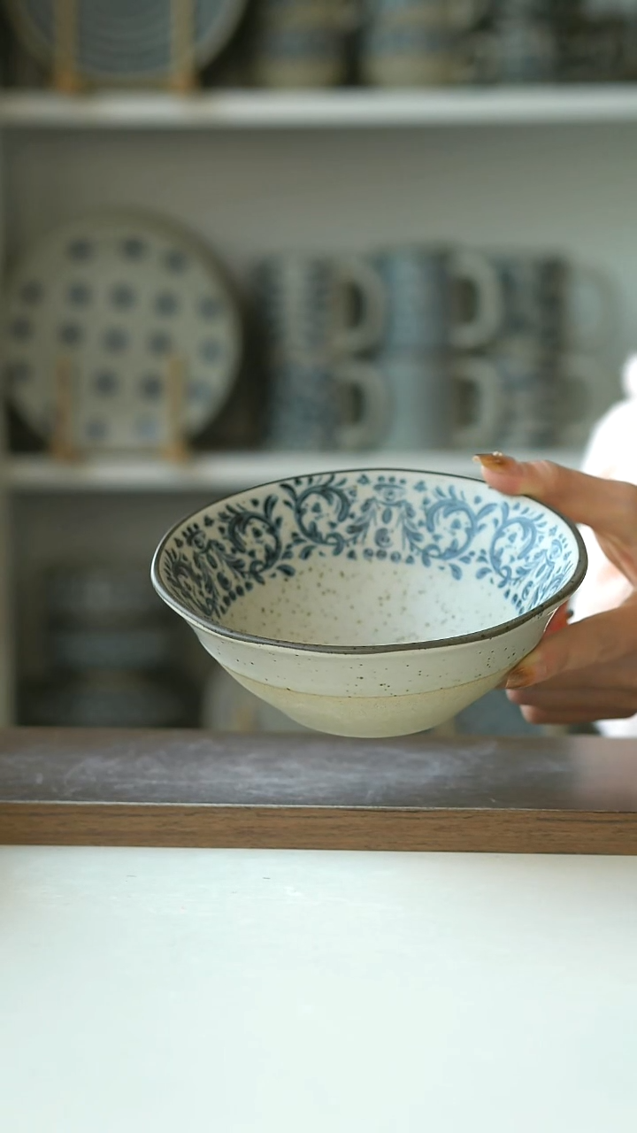 陶粗陶手绘鸢尾花早餐碗14.5cm@7-7@