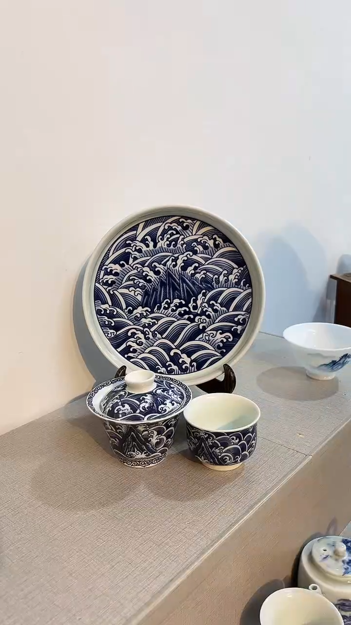 景德镇高温瓷海水纹一套