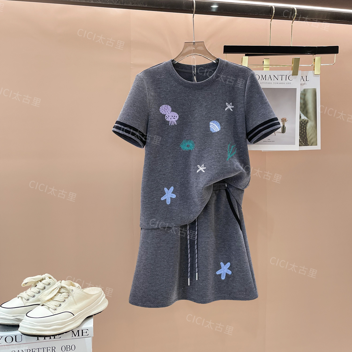 夏季微风情书简约印花水母短袖+高腰半身裙套装LL-4000192