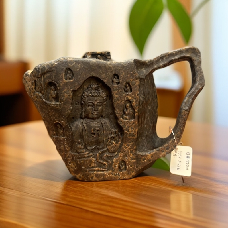 220cc冰碛岩豹纹料茶壶石窟佛雕刻石壶茶器茶具