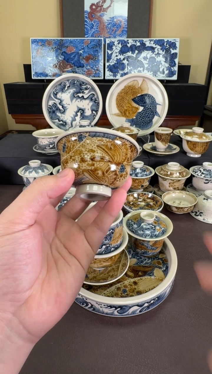 【闪购商品】瓷片二号釉青红鳜鱼小压手杯