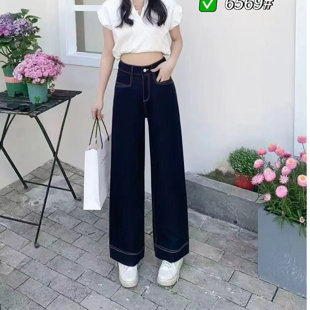 一粒扣后松紧腰牛仔裤直筒裤6569