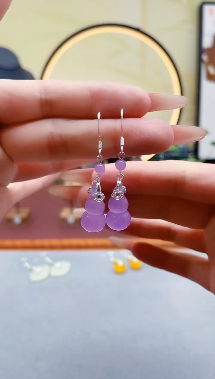 未镶嵌石英质玉（天山翠）耳饰00紫色葫芦