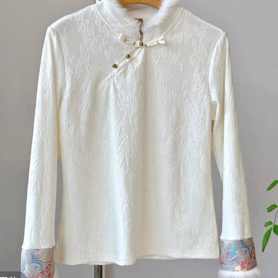 新中式国风貂毛外套立领冬装加绒加厚刺绣年轻版女士唐装盘扣上衣