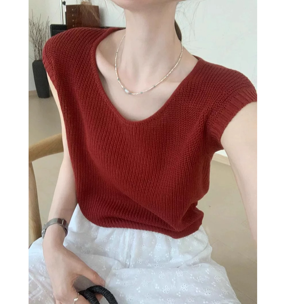 有运费补贴~酒红色圆领时尚休闲复古显瘦和纸纱上衣