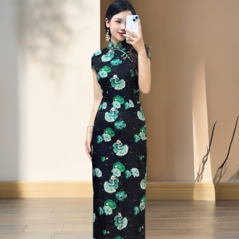 白幼秀港风高定真丝显瘦气质时尚夏季中长款日常优雅清凉旗袍5703