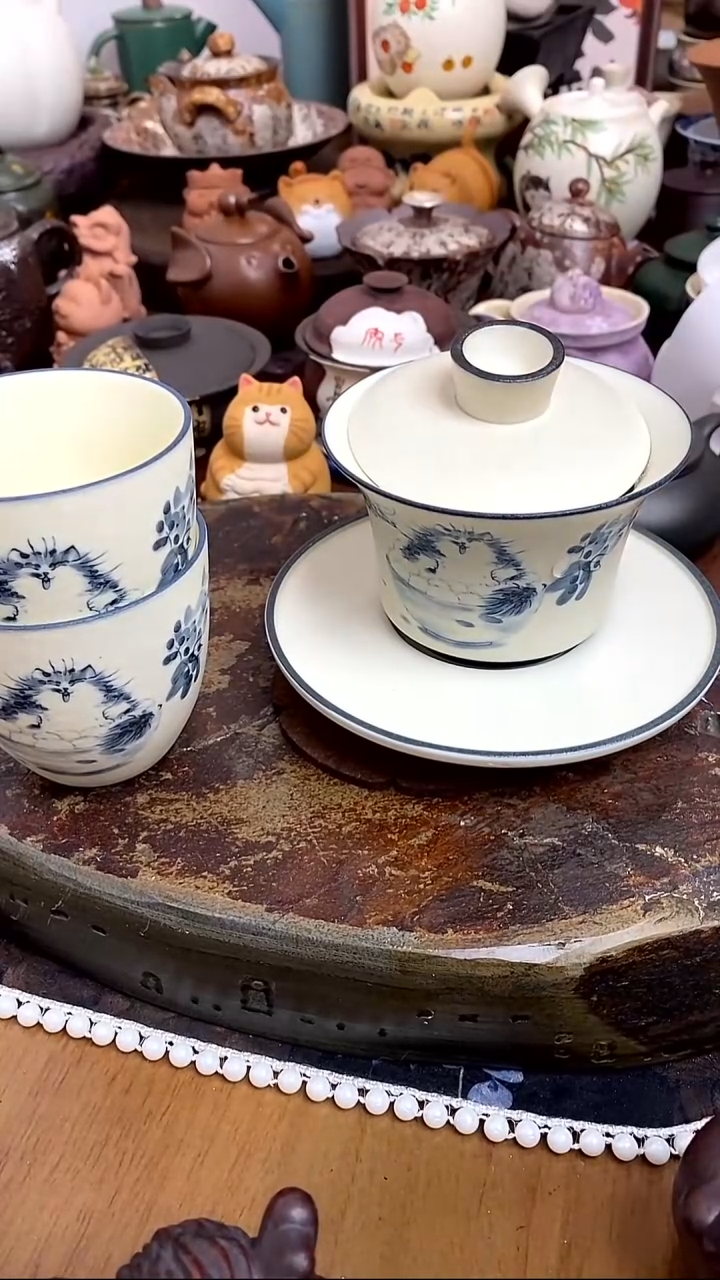 【茶瓷物语】汤圆猫盖碗配两个杯子