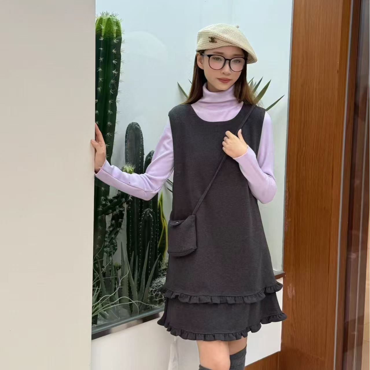 套装秋冬网红通勤风浅紫打底针织衫弹力大修身显瘦厚毛呢背心裙