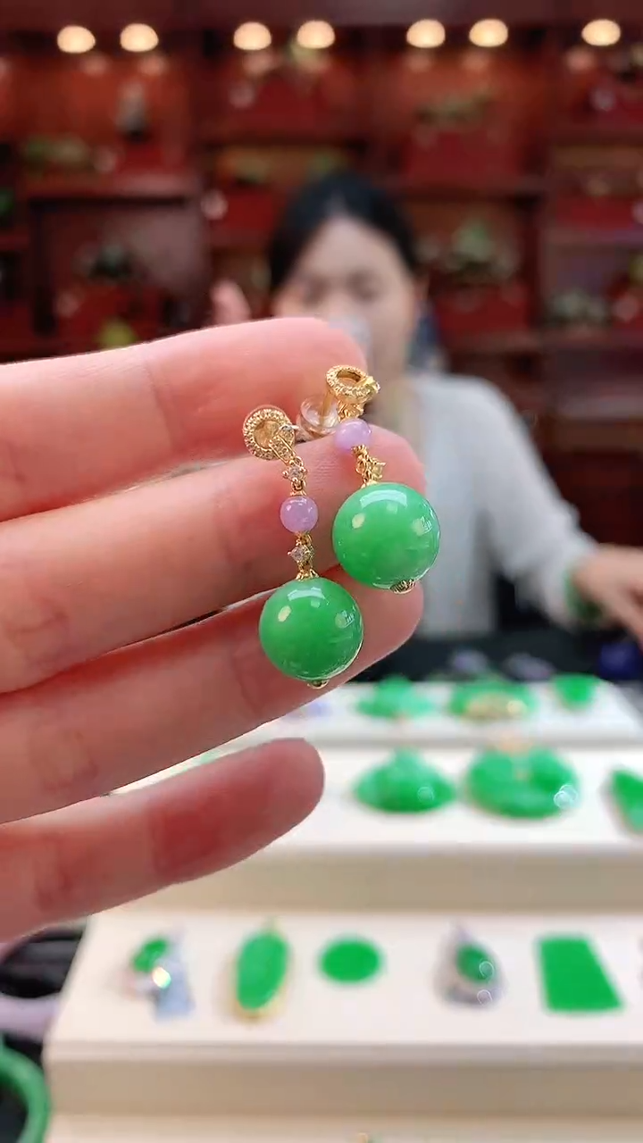 翡翠18K金镶嵌耳饰赠礼盒证书 敏