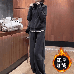现货慵懒风休闲运动套装女秋冬新款加绒连帽卫衣宽松阔腿裤两件套