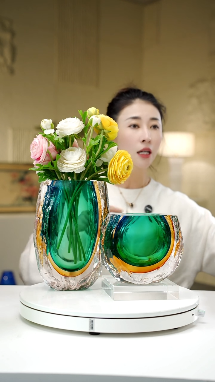 手工艺品琉璃琥珀蓝设计款花瓶一组