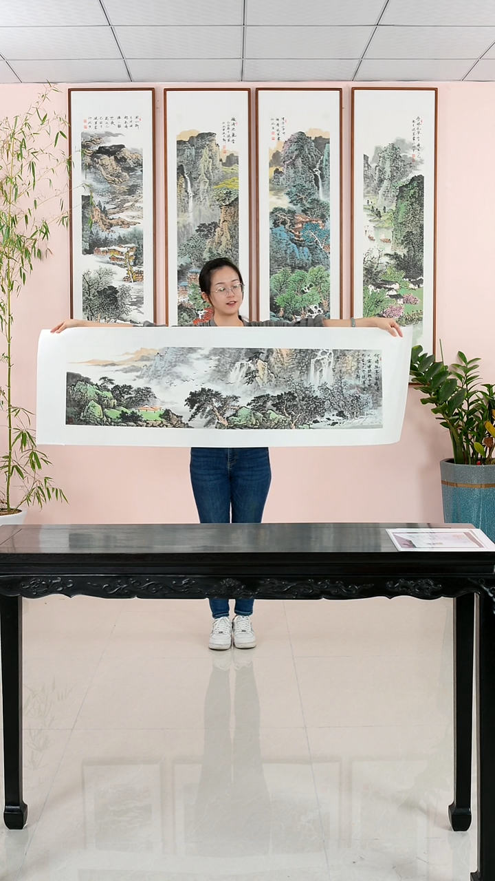 国画张现军《幽亭观瀑》手绘带框162*47厘米