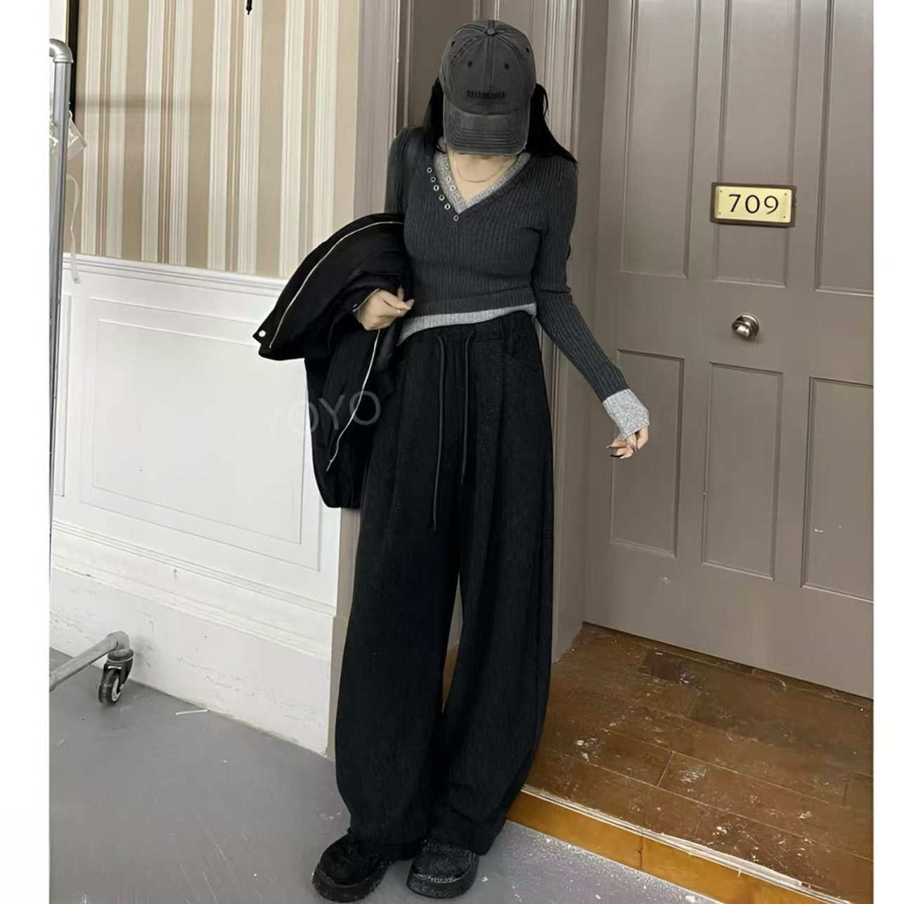 韩系糯米奶芙云朵裤女秋冬松弛感百搭加绒休闲裤(B14-2)2422(HK)