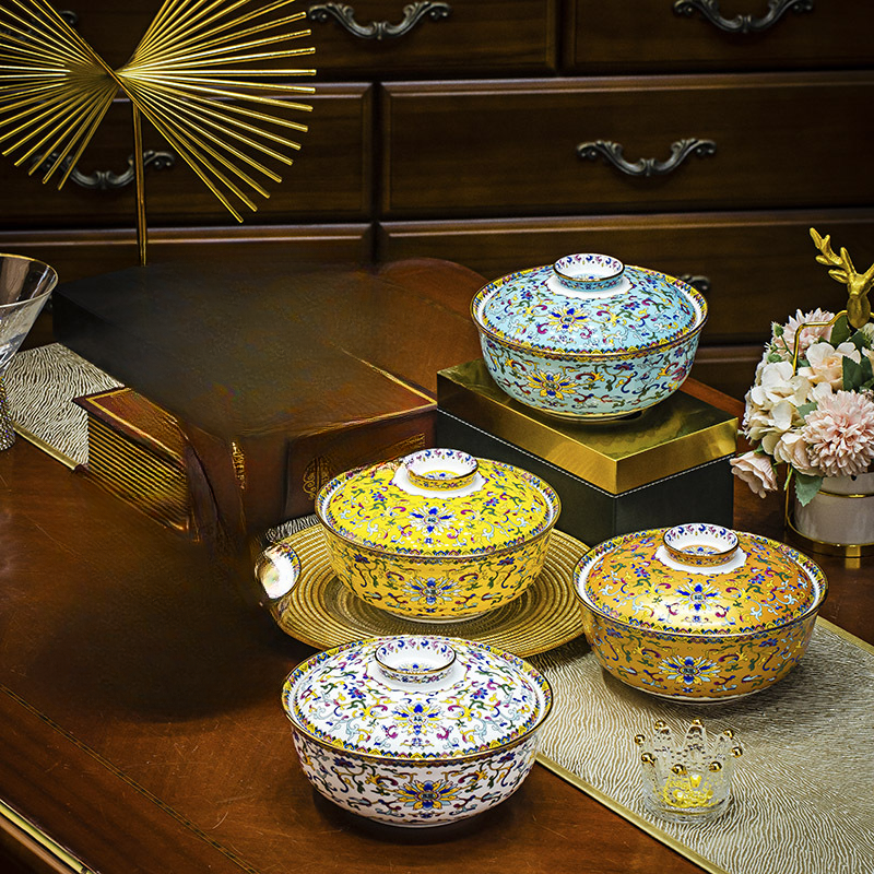 金边缠枝福7英寸家用带盖菜碗保鲜碗汤碗景德镇