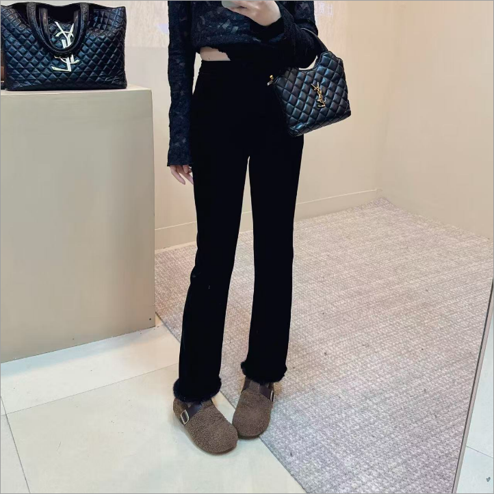 冬季新款韩版加绒拼接毛毛直筒裤微喇女高腰轻奢宽松型休闲裤子