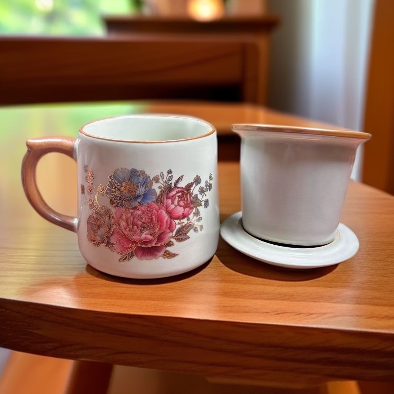 掐比金牡丹黄汝窑红绣球花图案办公杯茶水分离陶瓷杯1700大容量