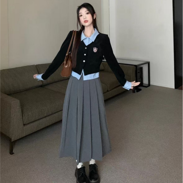 （80-200斤）学院风假两件长袖外套半身裙女2025新款时尚两件套1636