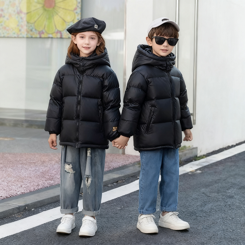 儿童秋冬连帽黑色绒羽服中大童冬季加厚外套学生外穿帅气上衣女童