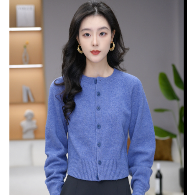 阿玛施新款100%绵羊毛百搭针织衫毛衣气质圆领针织开衫548033-1