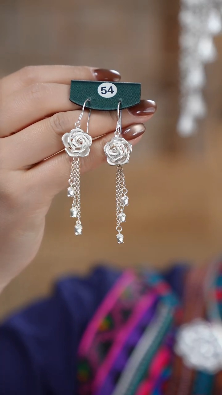 珐琅足银新款玫瑰花花丝耳环