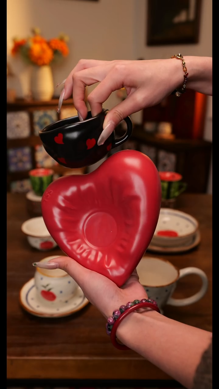 陶双饮款爱心杯碟一套