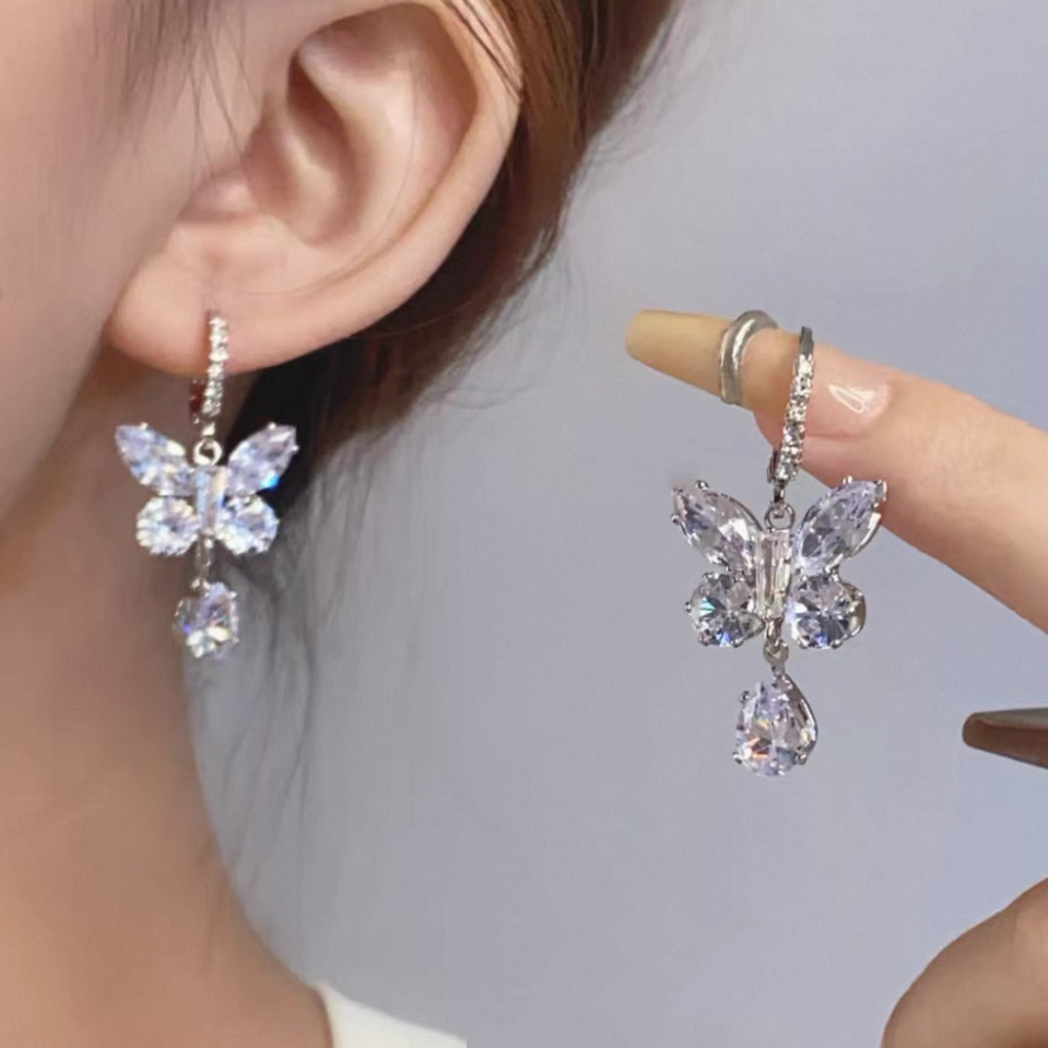 合金锆石耳饰 【HAO欢】1357合金冰蓝蝴蝶满锆耳扣耳环