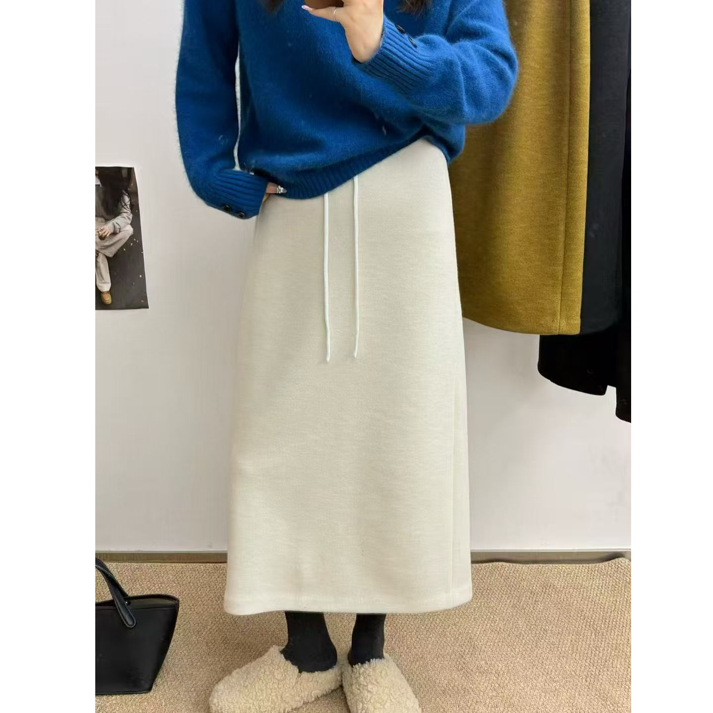 衣语慧 9130韩系毛呢半身裙冬加绒加厚长款后开叉松紧高腰a字裙子