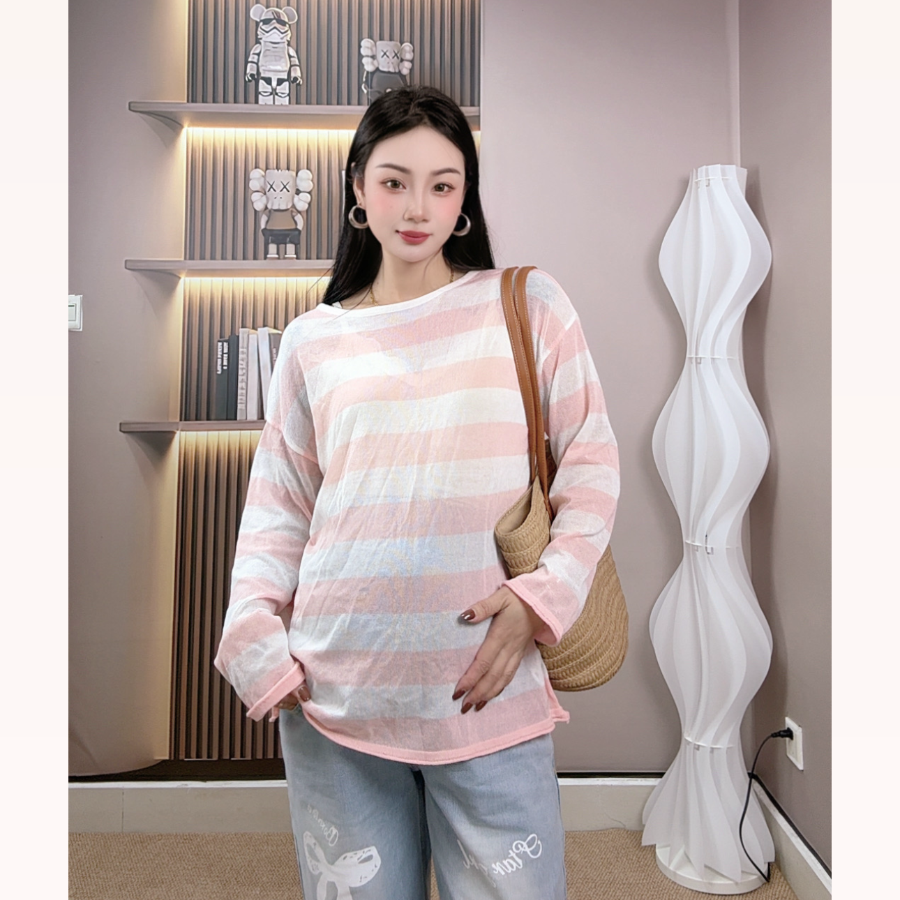 新款 孕妇显瘦韩版复古粉红色条纹针织防晒衫