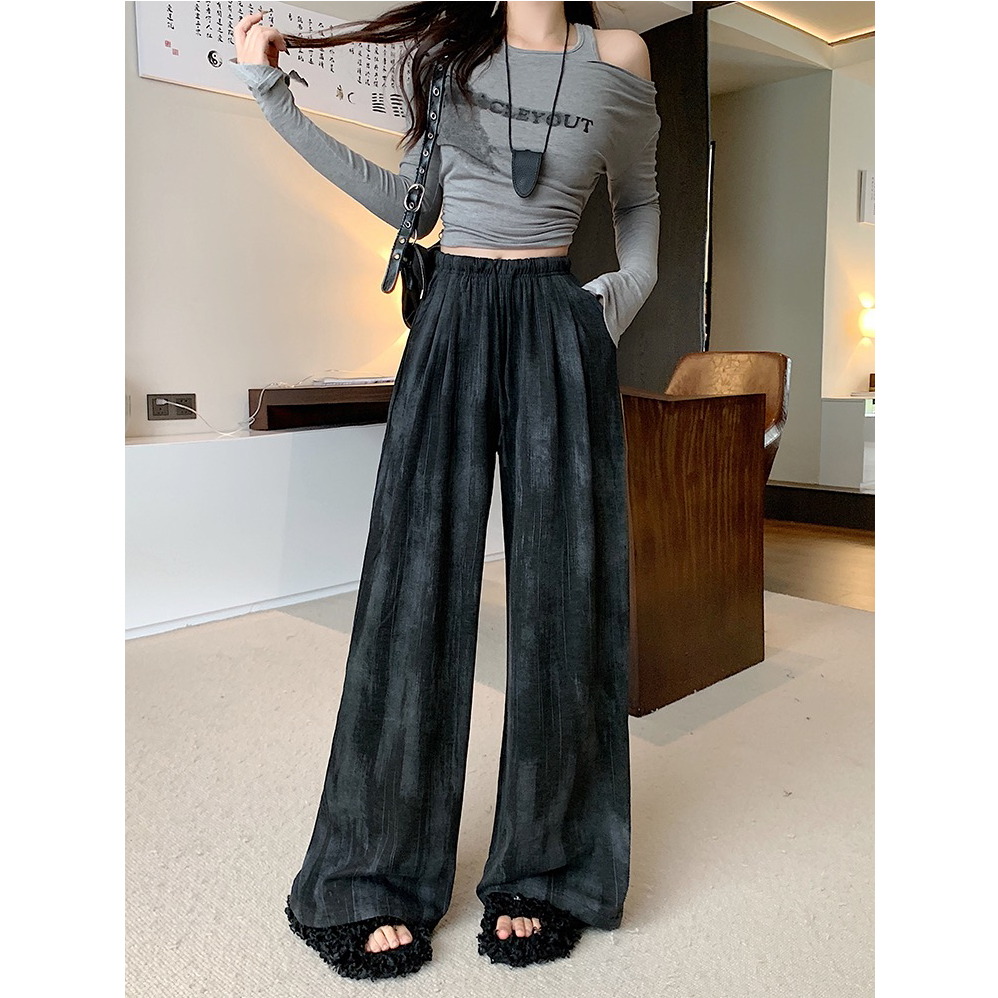 大码女装春季扎染设计感高腰显瘦垂感阔腿裤休闲遮胯宽松直筒裤女