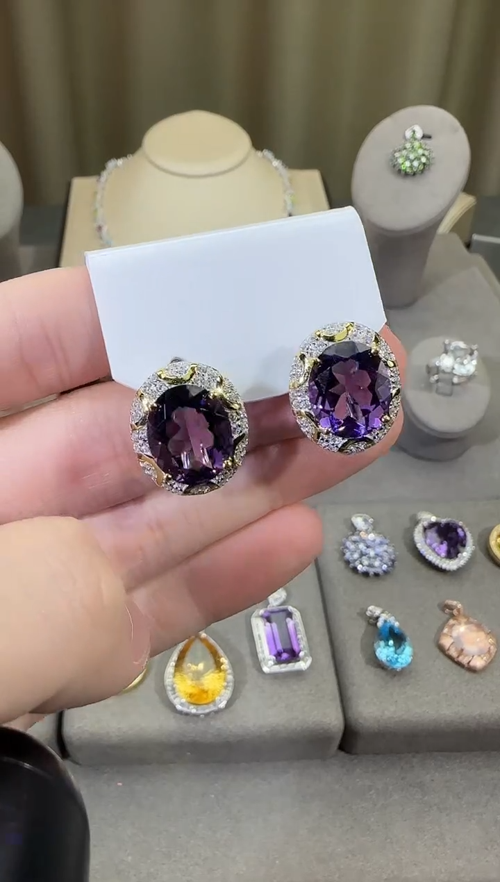 银S925镶嵌耳饰紫晶10*12mm耳扣高级款