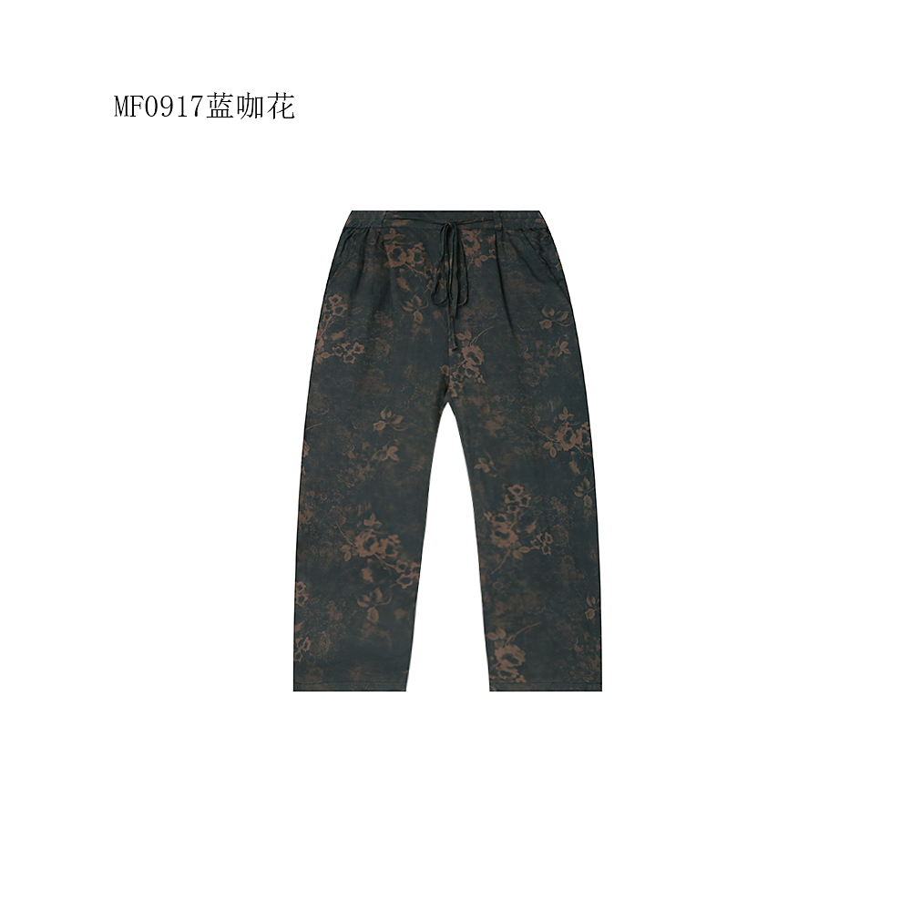 【麻訪家】MF0917蓝咖花文艺印花松紧腰百搭显瘦休闲哈伦裤