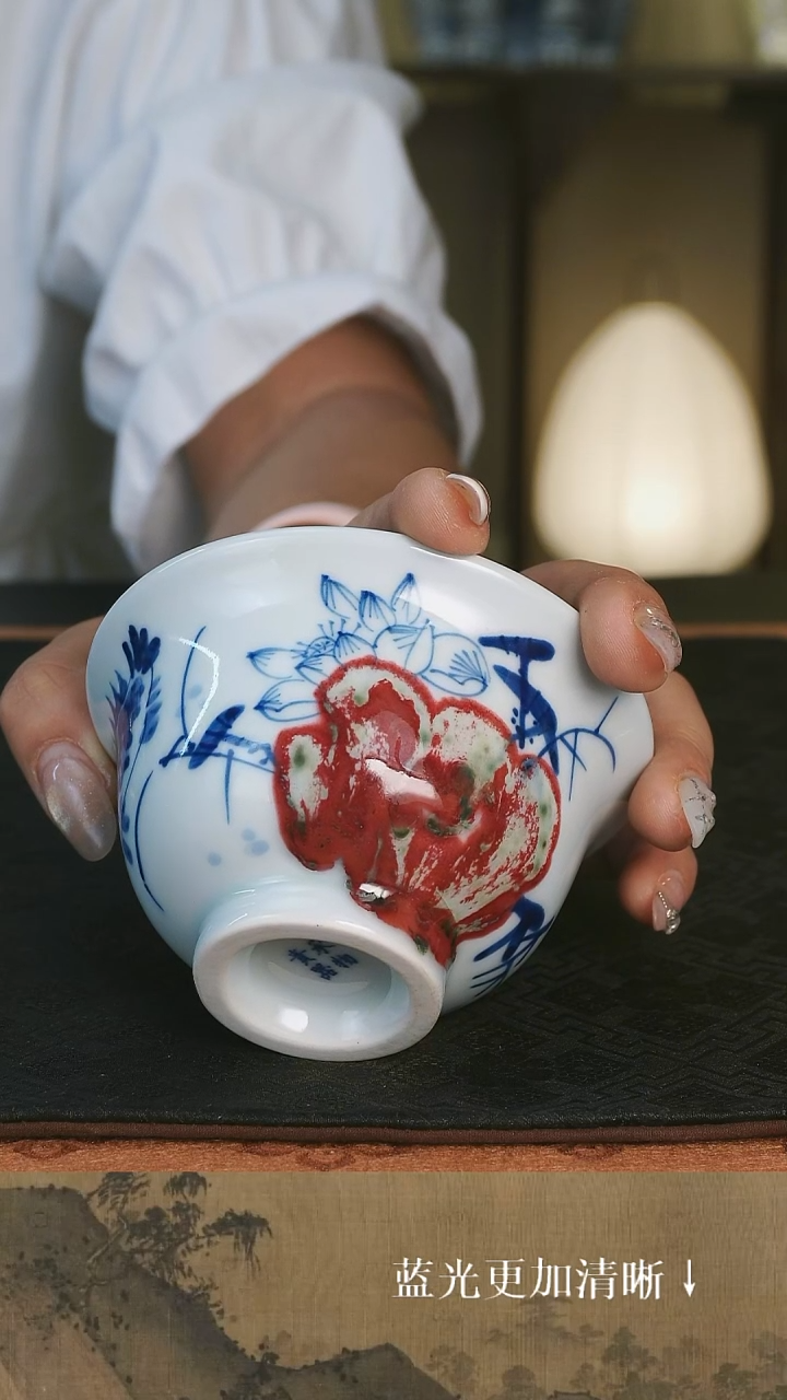 杯子景德镇手绘青花原矿釉里红鳜鱼压手杯