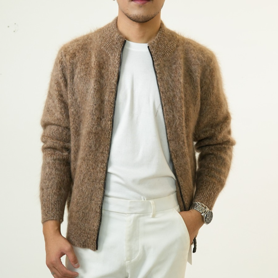 100%纯羊绒衫拉毛男拉链提羊绒拉绒衫冬季青年高档毛衣潮