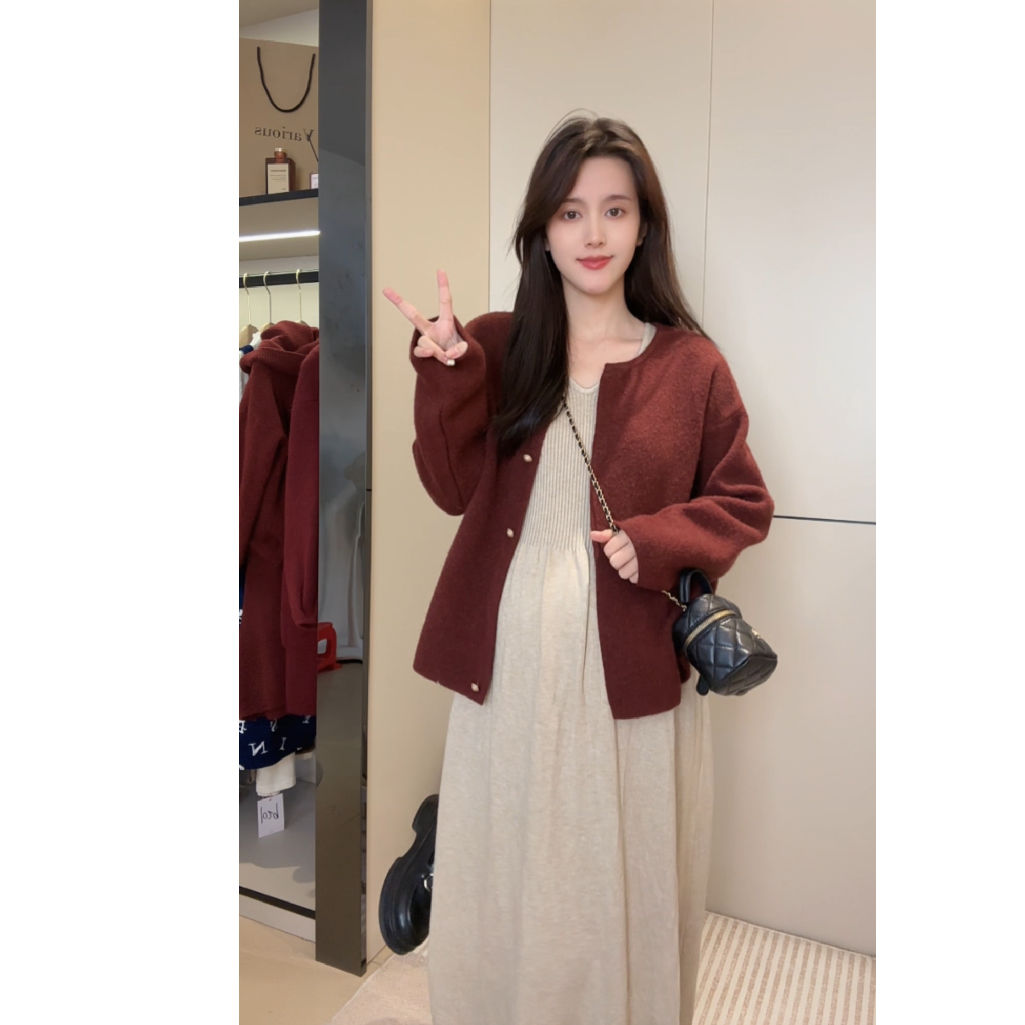 HANBAN孕妇秋装套装时尚外出长袖开衫裙宽松遮肚孕妇上衣两件套