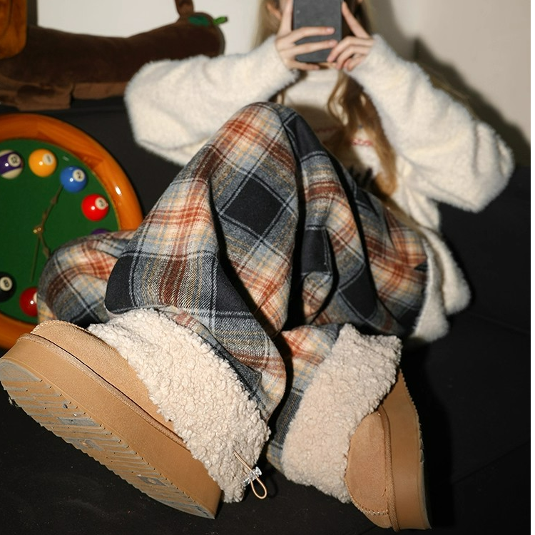 美式潮牌冬季加绒加厚防寒保暖女裤日常户外格子裤子