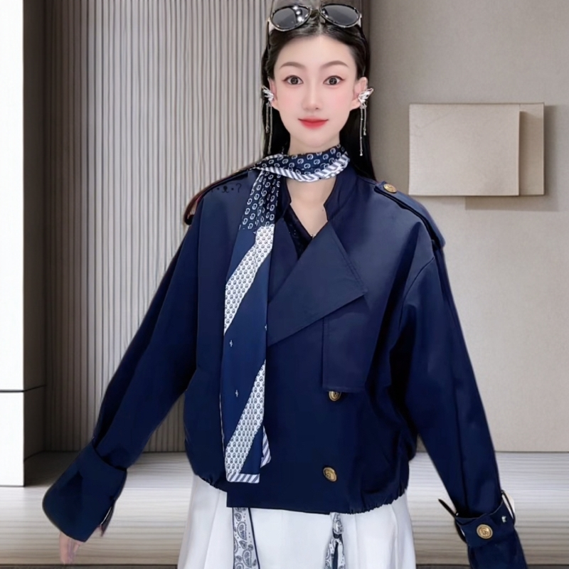 藏青色立领翻驳领短款风衣秋季洋气女复古时髦气质百搭