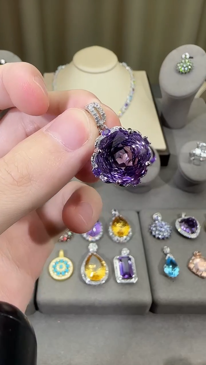 颈饰银S925镶嵌紫晶14mm吊坠玫瑰款