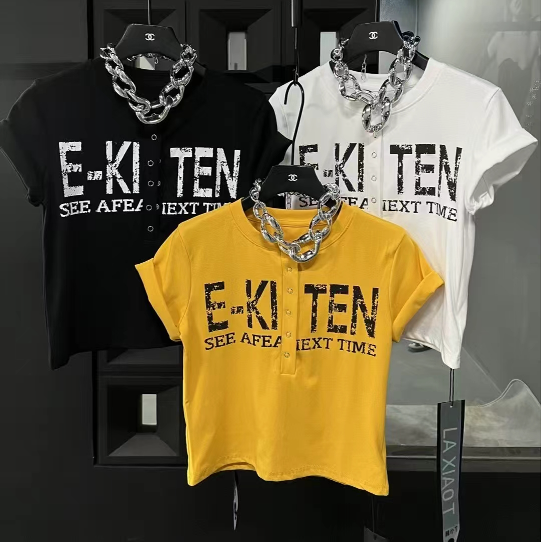 ins潮流辣妹字母T恤显瘦夏季百搭印花女修身半袖短袖开领上衣