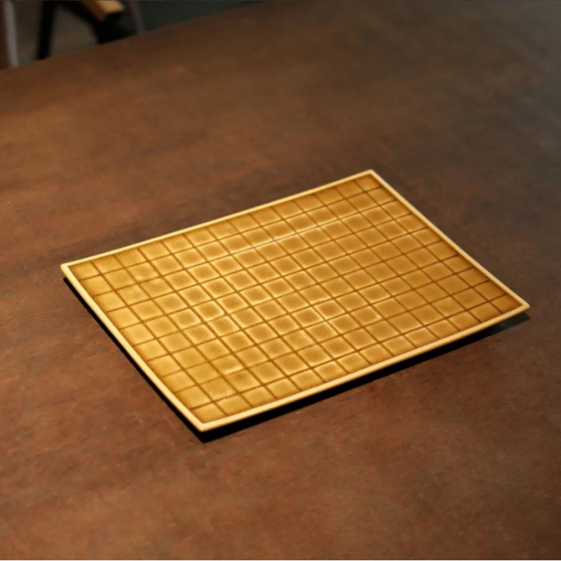 【小田甄陶】赤金琉璃-梵山堂-小棋盘茶托-长24.5cm宽20.5cm（W0695）