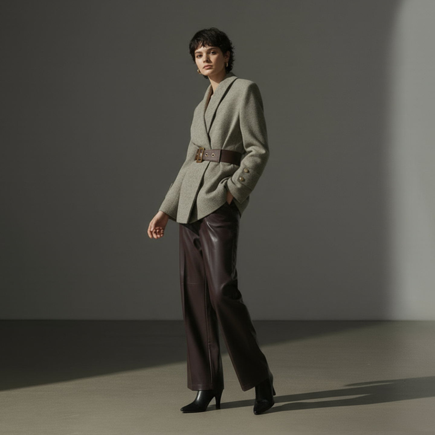 复古戗驳领收腰羊毛呢中长菱格西装外套A720057