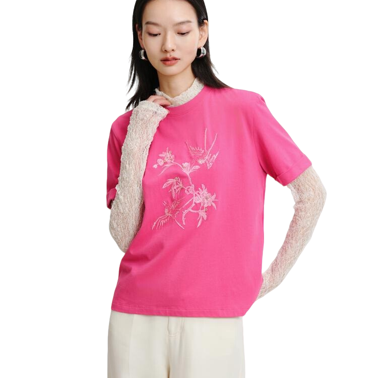25ss新款女装 刺绣舒适长绒棉圆领短袖t恤上衣25t0509
