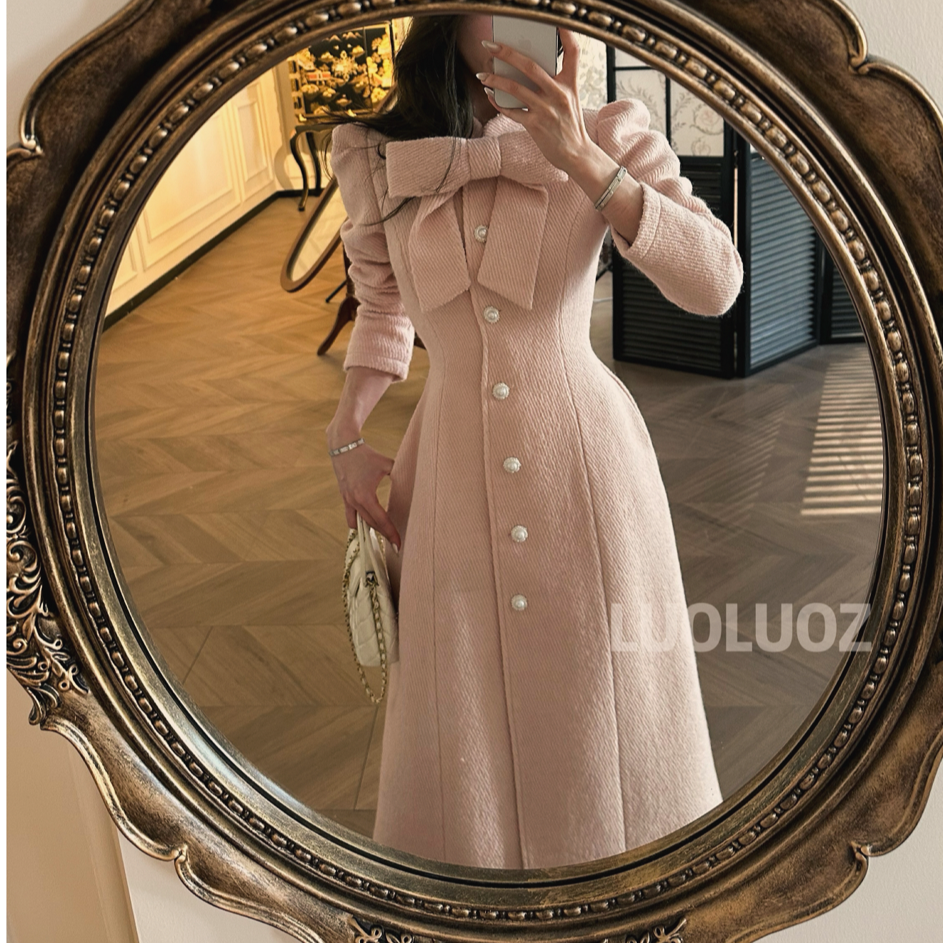 【现】LUOLUOZ【柔雾浅梦】绵羊毛蝴蝶结绝美色系长款大衣外套CC327