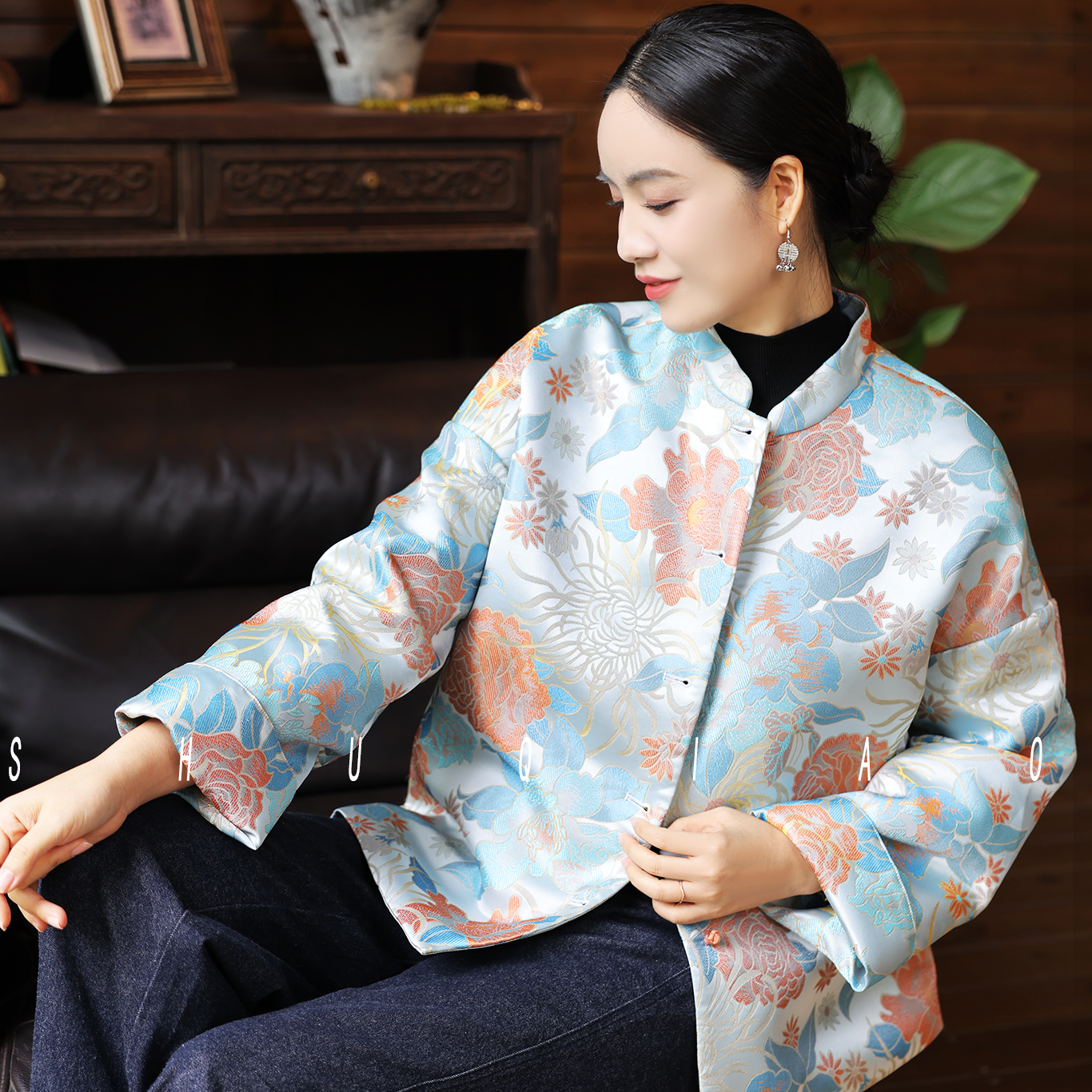 蜀俏【涵】人丝立领宽松蓝色棉服冬季百搭新中式短款外套拜年服