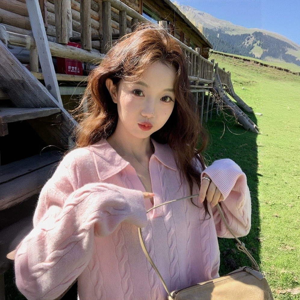 氛围感翻领麻花毛衣女秋冬新款宽松洋气针织衫百搭显白减龄上衣