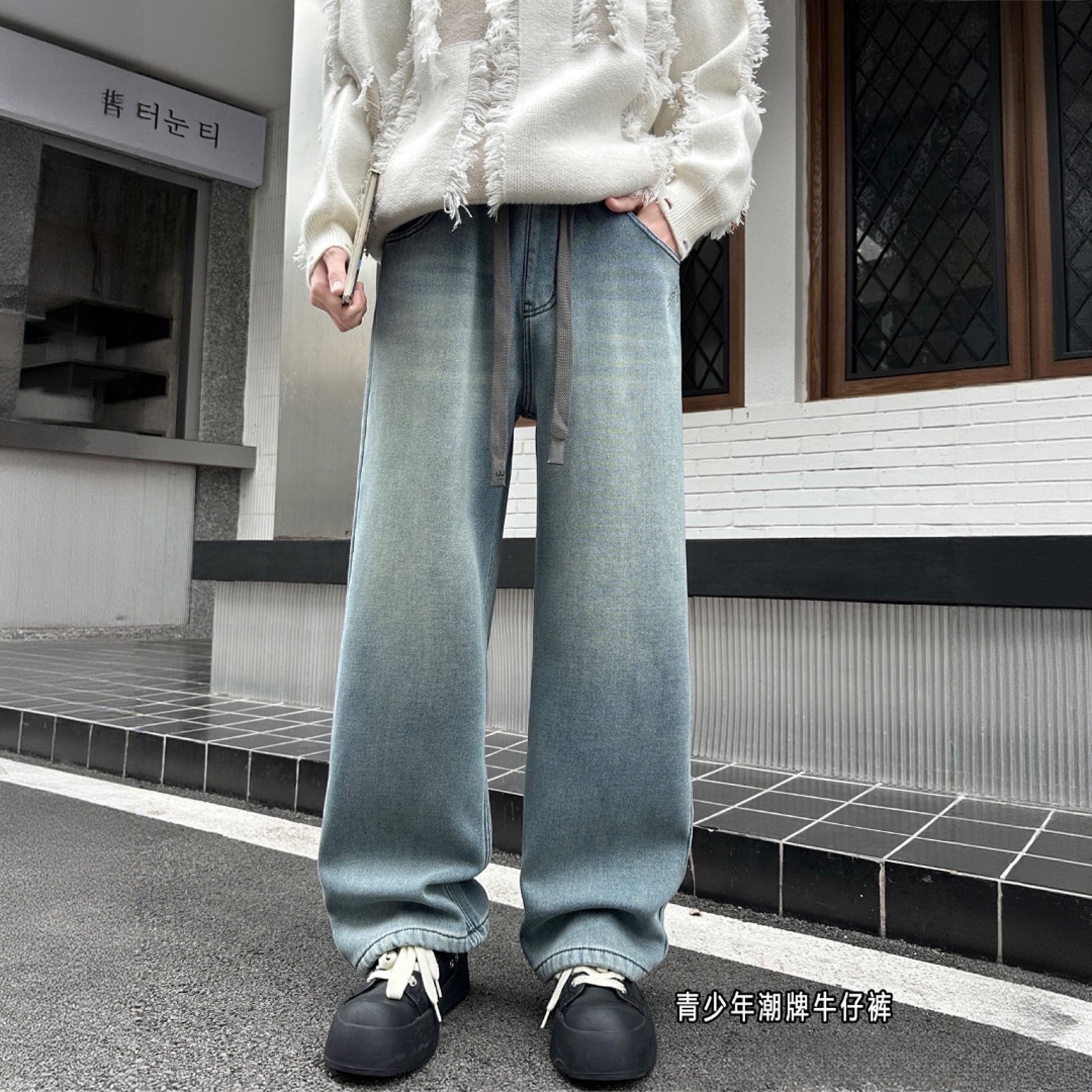 【一体绒】2025冬季女大童一体绒新款直筒休闲宽松弹力牛仔裤29f05