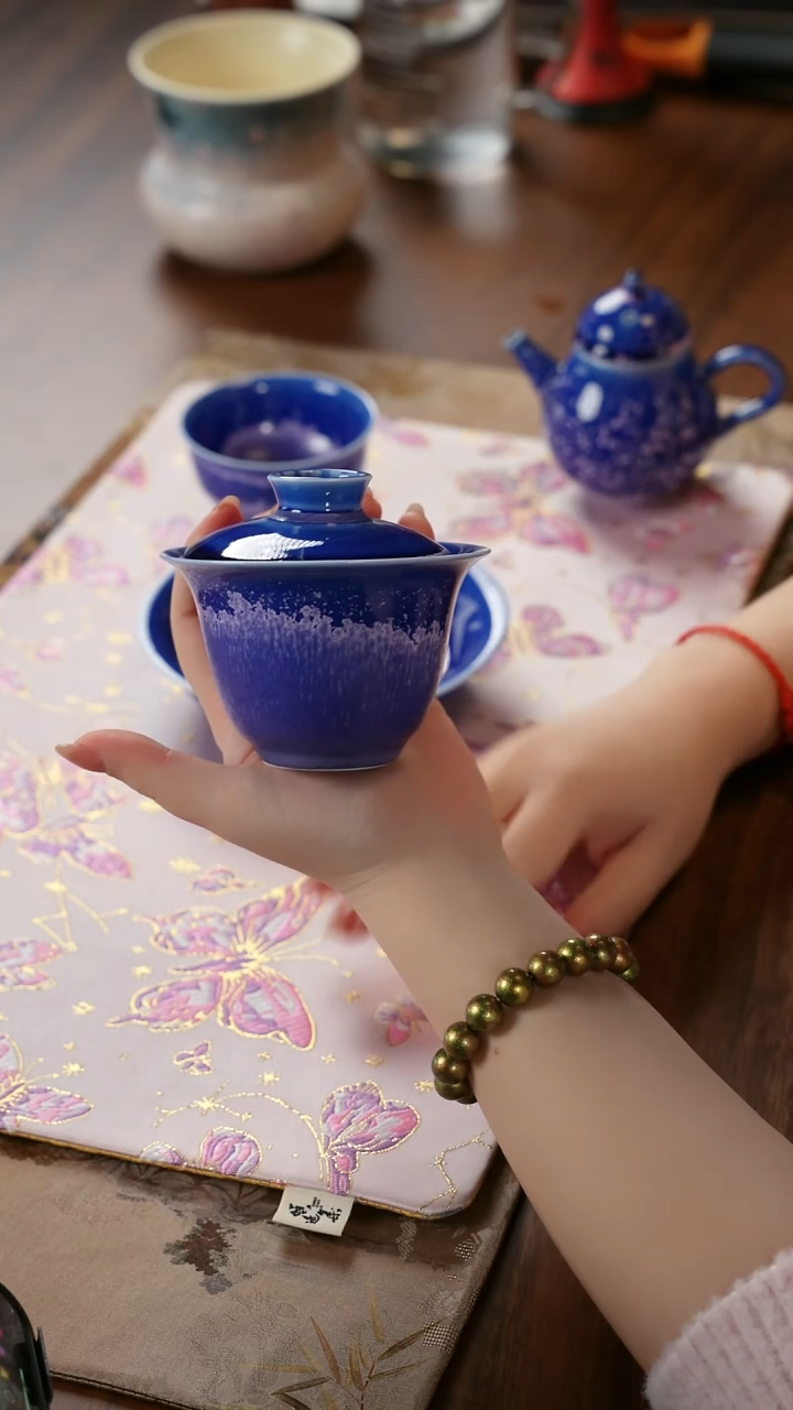 青云茶斋陶瓷茶具楚门窑变冰晶蓝二才盖碗